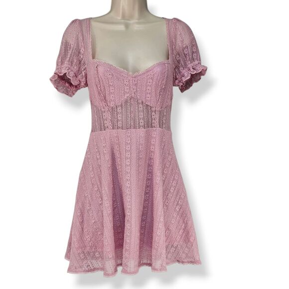 Urban Outfitters Roxie Lace Mini Dress Pink Sheer Puff Sleeve Fit Flare Size S - Picture 1 of 6